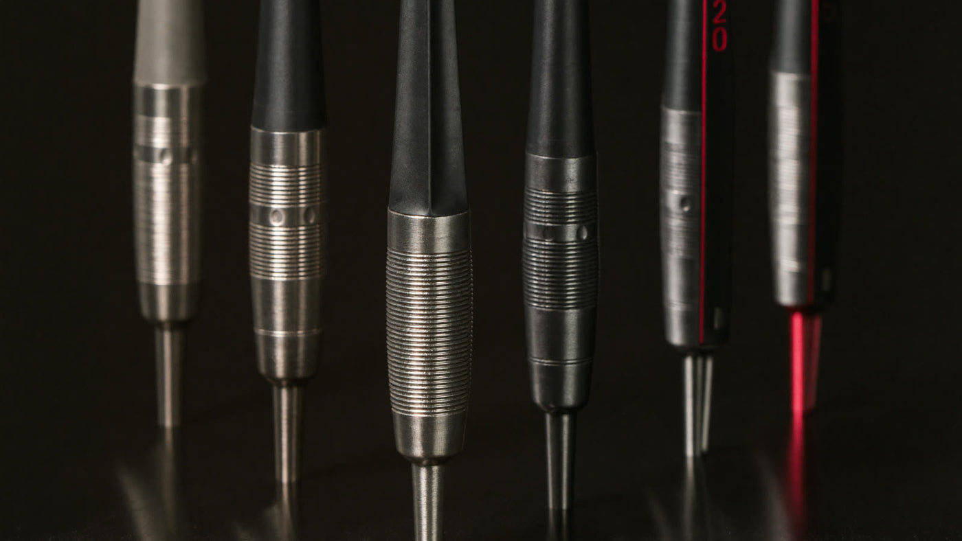 Rij aluminium en nylon dartshafts rechtop op een donkere ondergrond