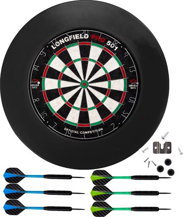 Longfield Darts Dartbord Pro501 inclusief surround zwart en 2 sets darts