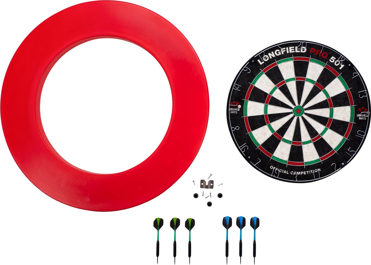 Longfield Dartbord Pro501 inclusief surround rood en 2 sets darts
