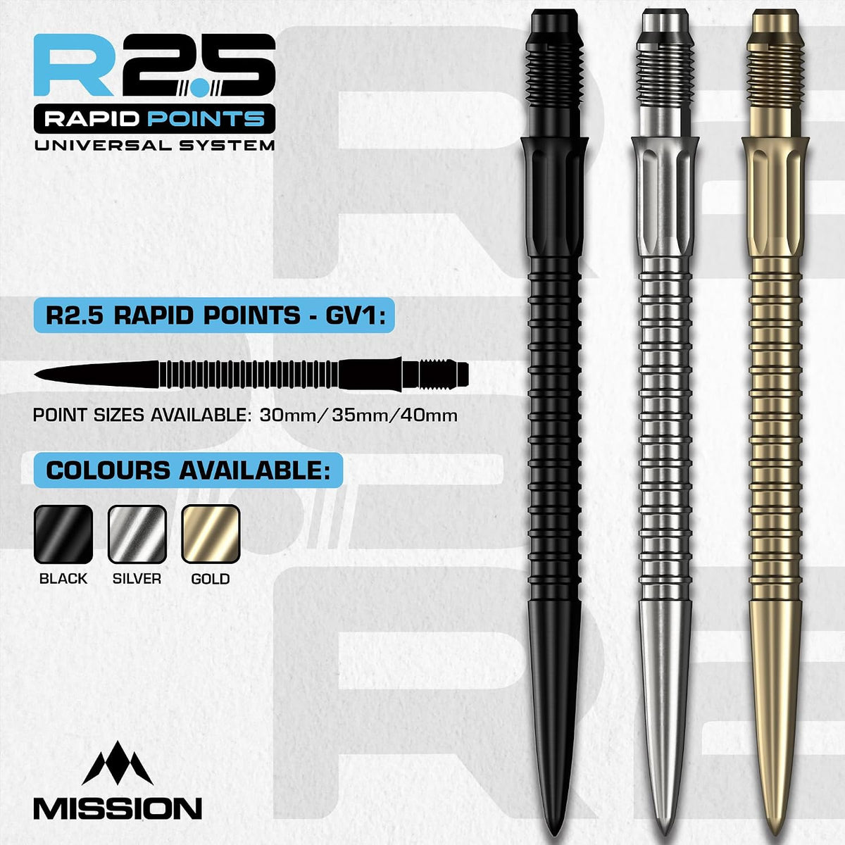 Mission R2.5 Rapid Dart Points - Steel Tip - GV1 - Black - 40mm (detail 1)
