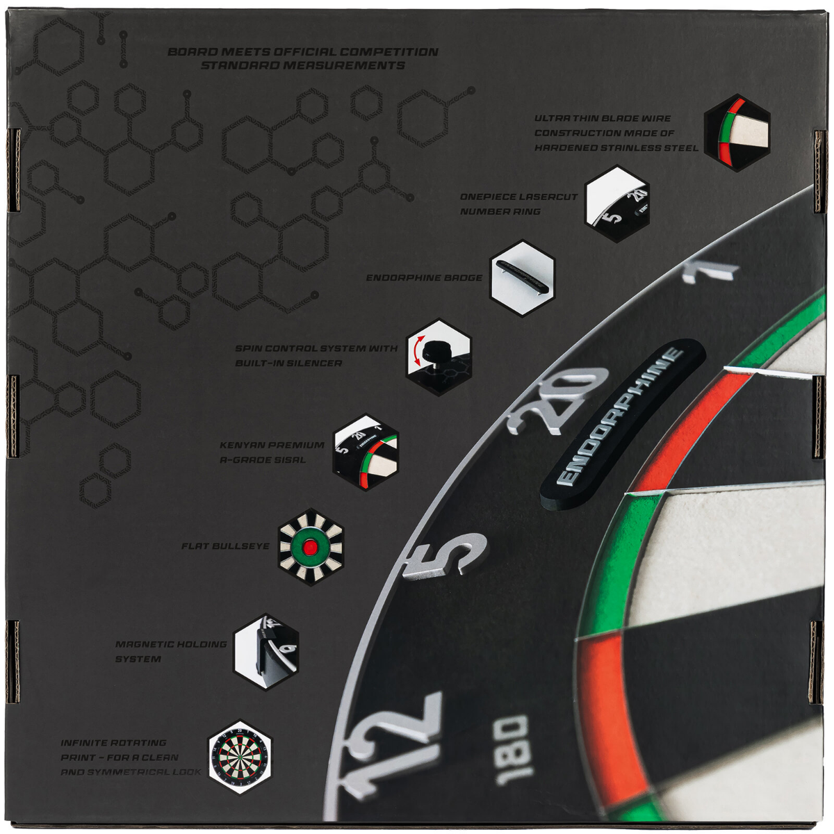 Precise180 Endorphine Dartbord met witte nummering incl. 4 magnetische houders (detail 2)